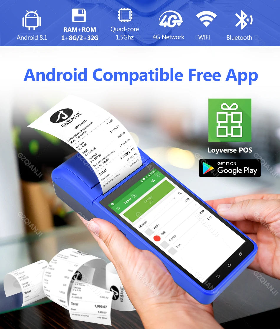 4G Android 13 / 8.1 Pos Terminal Wireless Handheld Printers 1D 2D Scanner Reader NFC Built-in 58mm Receipt Impressora Termica