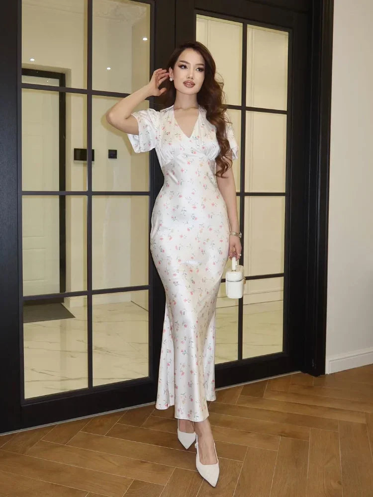 Elegant Printed V-neck Maxi Dress Women Fashion Satin Puff Short Sleeve High Waist Slim Long Dresses 2026 Summer Lady Party Robe