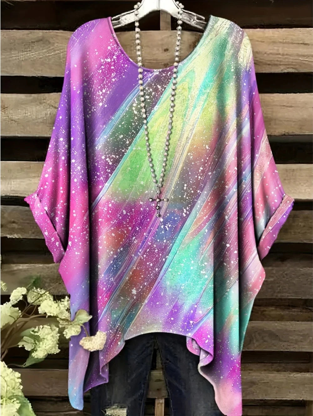Women's T-Shirts Summer Gradient Sequin Graphics Tops O-Neck Female Vintage Clothing Floral Print Tees Loose Oversized T Shirts