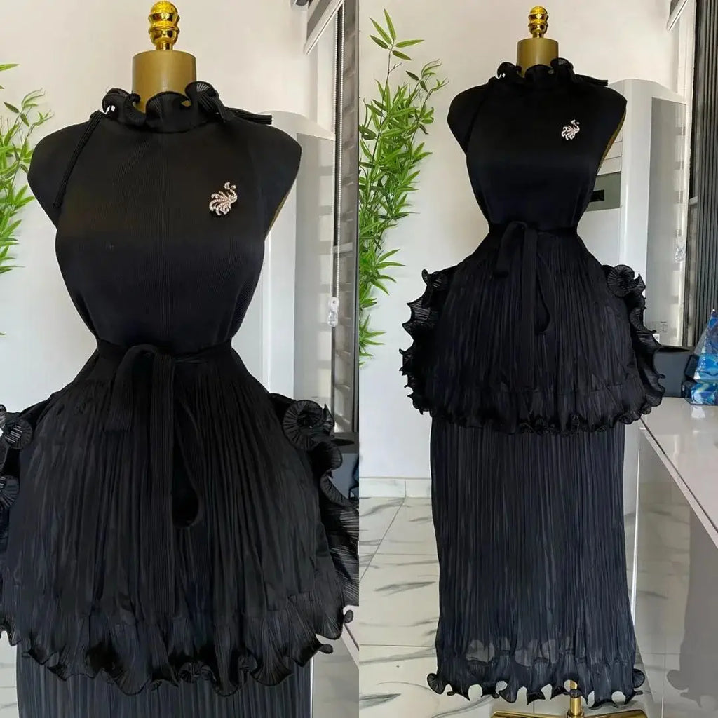 EGRM 2025 Summer New Pleated Dress Women's Solid Sleeveless Ruffles Lace Bottom Skirt with Belt Fashion Female Dresses 9R5618