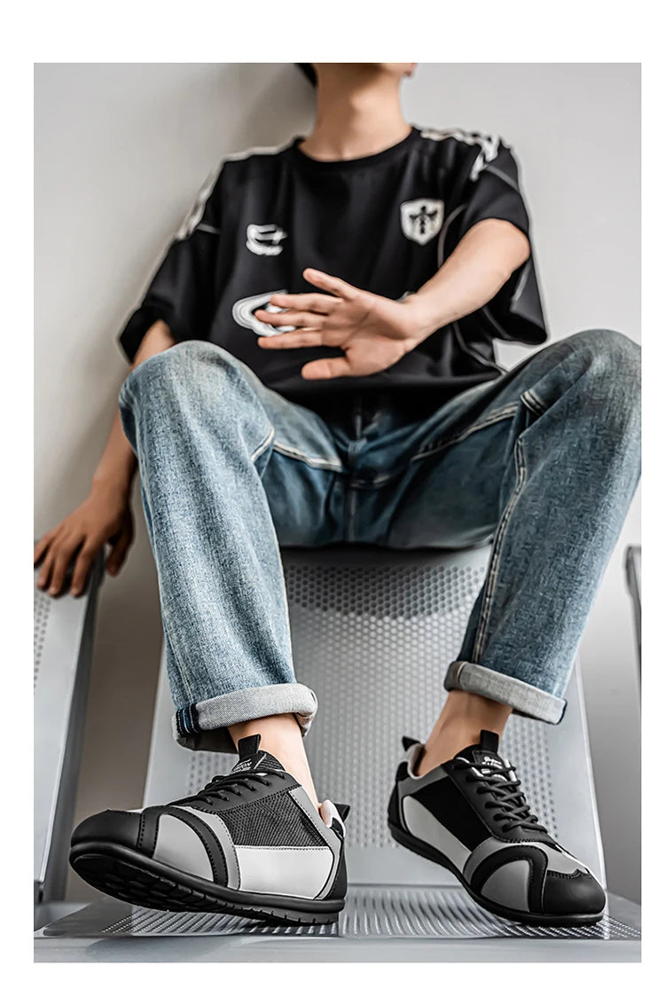 Men's Trendy Black and Gray Color-Blocked Mesh Breathable Casual Sports Shoes, Summer Thin Retro Forrest Gump Shoes, Lightweight Soft-Soled Shock-Absorbing Non-Slip Versatile Wear-Resistant Men's Shoes