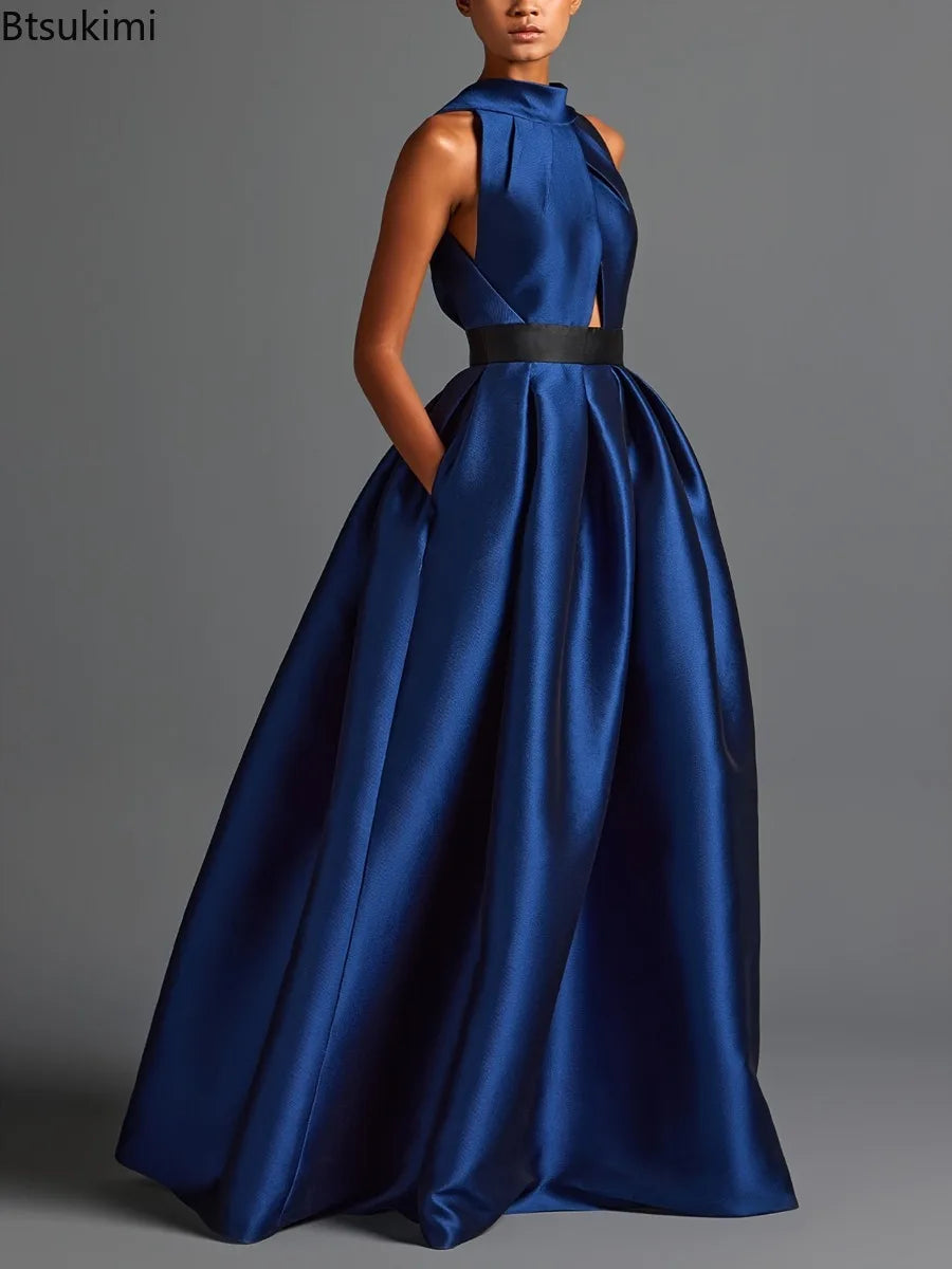 2026 Elegant Halter Satin Party Dresses for Women Spring Sexy Draped Solid Slim Long Dress Woman Hollow Out Pocket Evening Dress