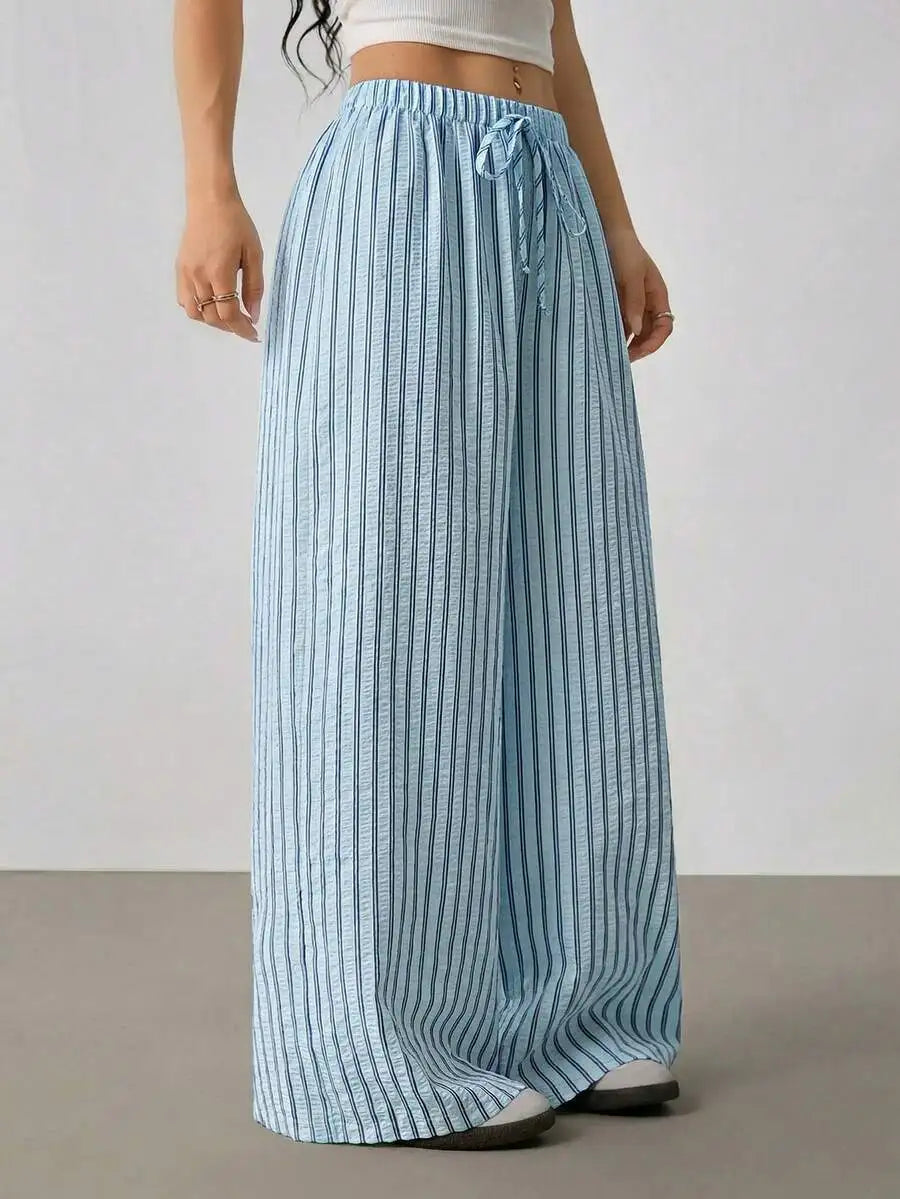 Women's Casual Striped Wide-Leg Pants   Summer Commute Fashion Drawstring Elastic Waist  Versatile Relaxed Straight Leg Trousers