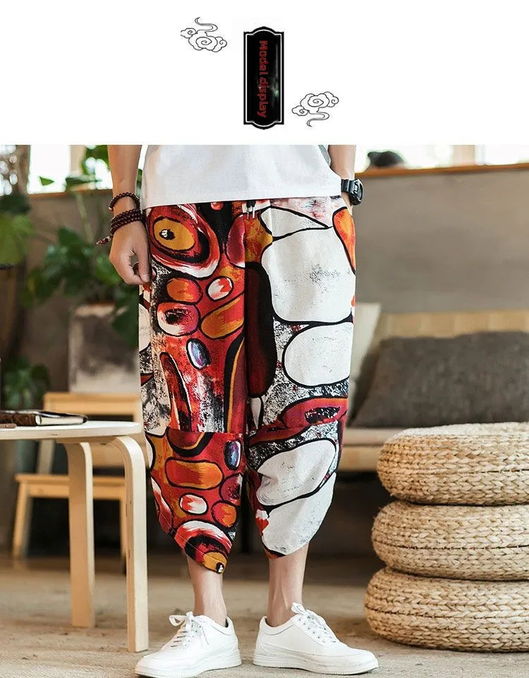 Men's Casual Cotton Linen Seven-Foot Pants Summer plus Size Lantern Loose Fit Shorts Harlan Style Comfortable Breathable Leis...