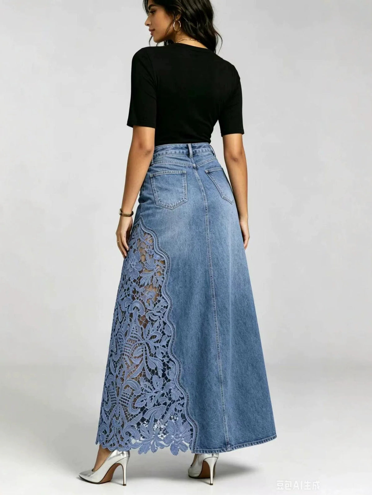 Women High Waist Denim Maxi Skirt Asymmetrical Floral Hollow Lace Patchwork Long Jean Skirt with Pockets Boho A Line Skirt
