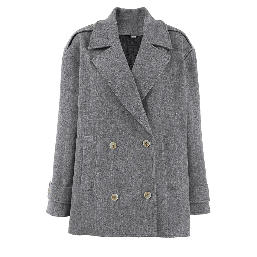 Gray Wool Blend Coat Notched Lapel Double Breasted Long Sleeve Cuff Detail Loose Mid-Length Women Commuter Woolen
