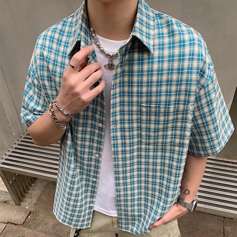 2025 Summer Stylish Short Sleeve Shirt Men's Streetwear Vintage Button-up Turn-down Collar Shirts Trendy Men Plaid Printed Shirt