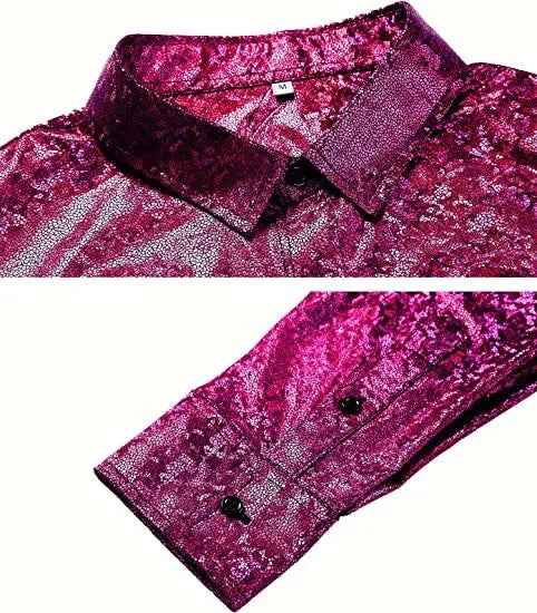 Metallic Shiny Polyester Dress Shirts for Men Black Solid Gold Red Silver Long Sleeve Turn Down Collar Prom Disco Men's Shirt
