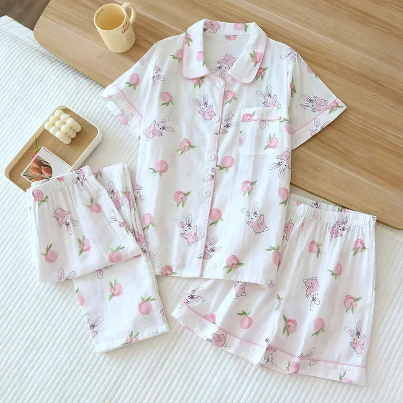 Three-piece Japanese-style pajamas women spring and summer autumn 100% cotton gauze short-sleeved shorts trousers summer suit ho