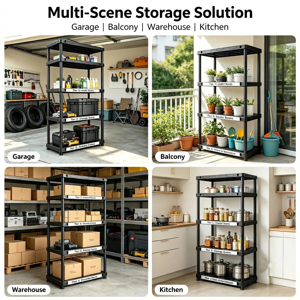 4 & 5 Tier Plastic Storage Shelving Unit, Heavy Duty Black PP Utility Rack, 3 Sizes Available Waterproof Organizer for Garage Kitchen Basement Laundry Pantry