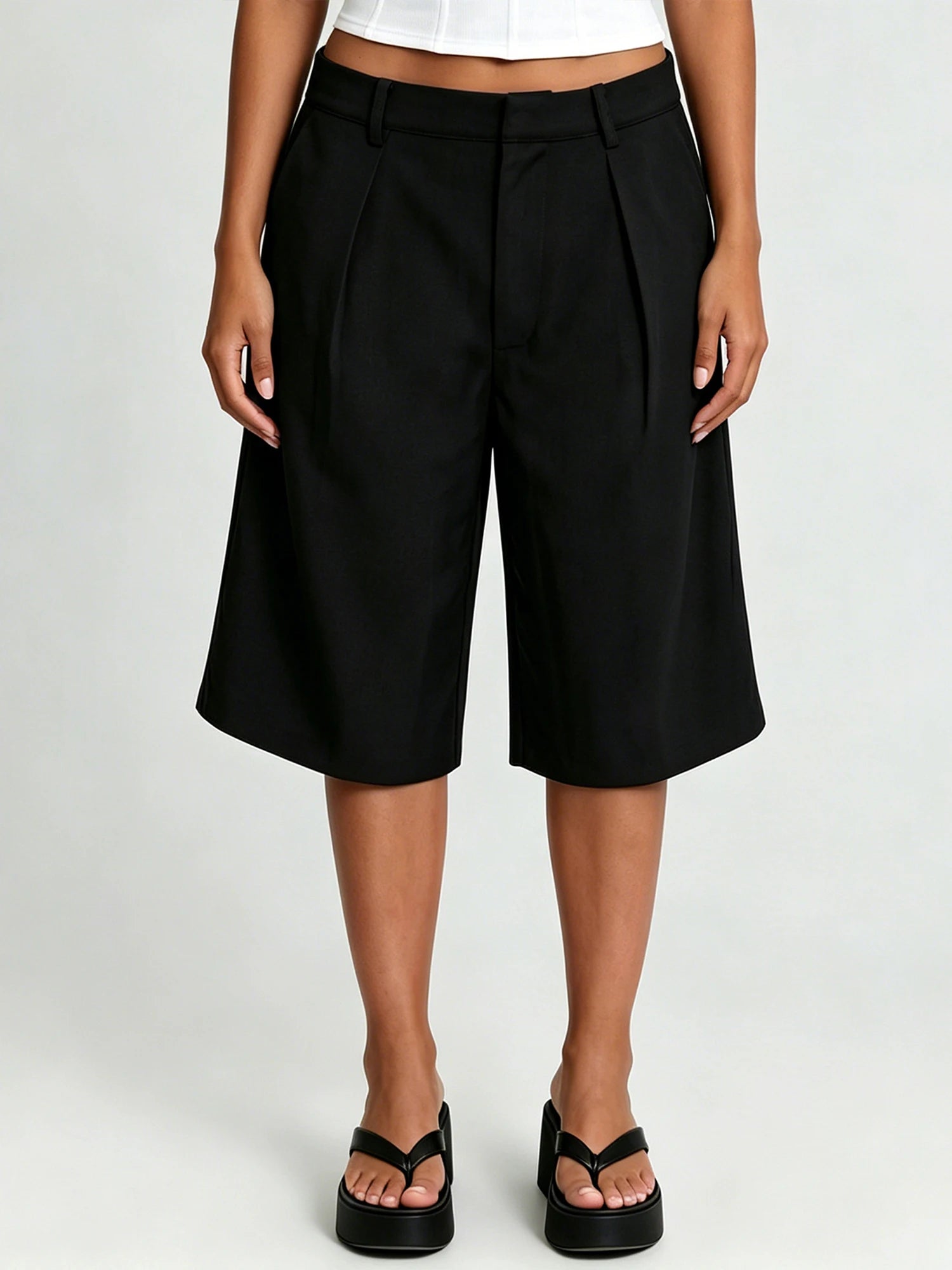 2026 New Women's Summer Casual Solid Color Knee Length Shorts with Pockets Ladies Bermuda Shorts Sexy Low-Rise Wide-Leg Trousers