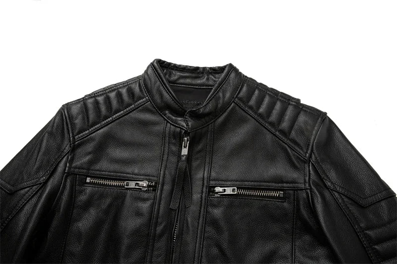 2023 New Motorcycle Causal Vintage Leather Coat Men Autumn Outfit Fashion Biker Pocket Design Top Layer Cow Leather Jacket
