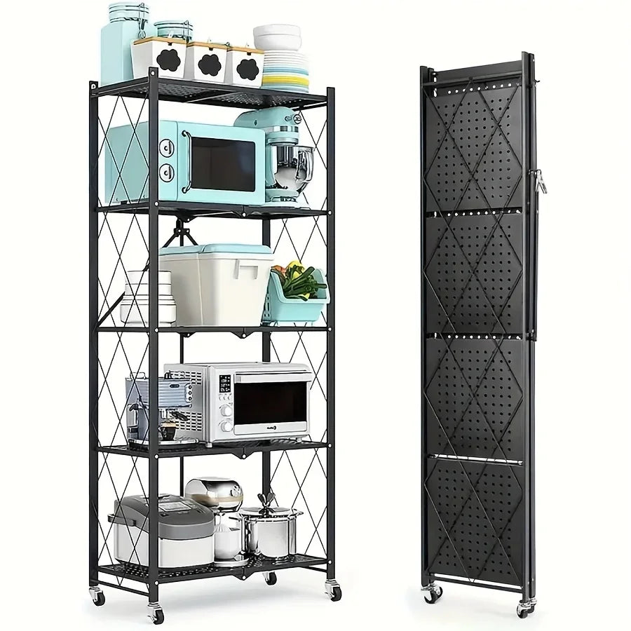 3/4/5-Tier Heavy-Duty Iron Storage Shelf with Rolling Shelves - Heavy-Duty Foldable & Portable Multi-Tier Shelving Unit