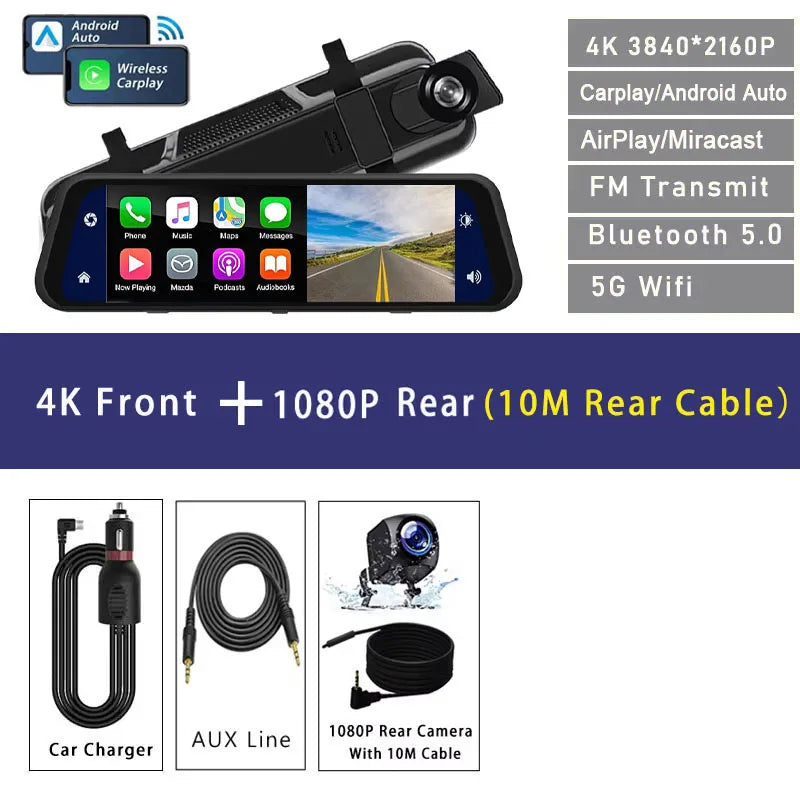 4K 3840*2160P Dash Cam Carplay Android-Auto Car DVR Dual Len 5G Wifi GPS BT FM Video Drive Recorder Stream Mirror Dashcam Camera