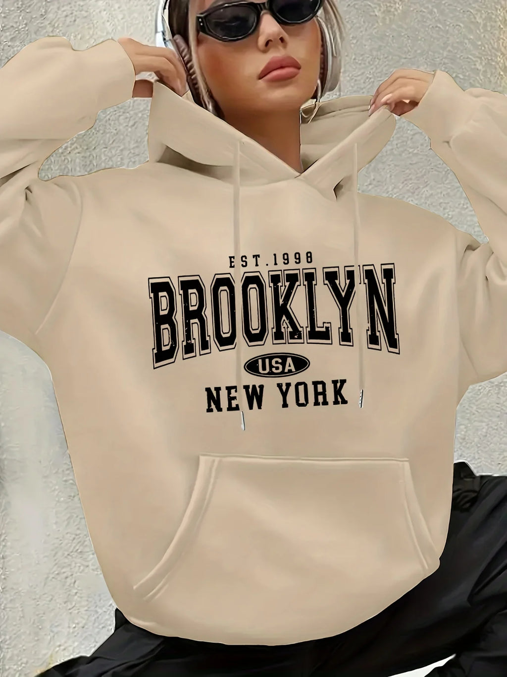 Lady's letter-printed drawstring hooded sweatshirt with long sleeves and pocket featuring geometric patterns regular fit clothes