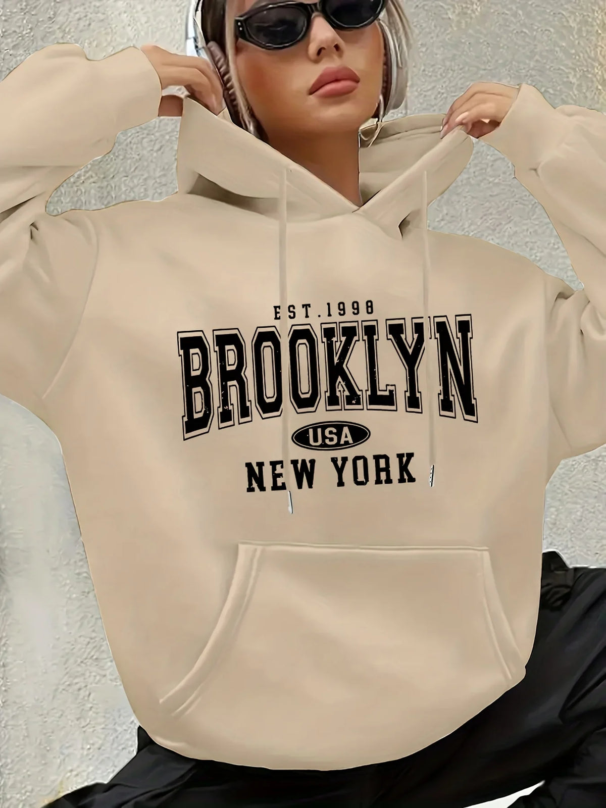Lady's letter-printed drawstring hooded sweatshirt with long sleeves and pocket featuring geometric patterns regular fit clothes