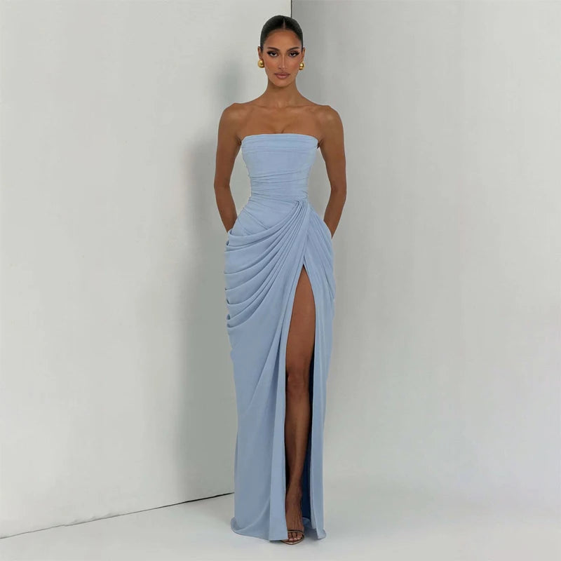 Elegant Solid Strapless Pleated Dress Women Chic Sleeveless Waist Cinching Split Maxi Vestidos 2026 Lady Evening Party Dresses