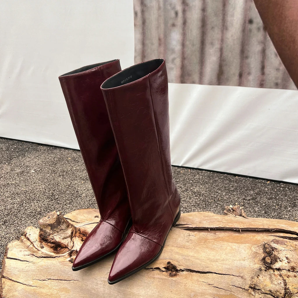 QUTAA 2025 News Women Knee High Boots Leather Wedge Heels Autumn Shoes Pointed Toe Woman Winter Party Lady Long Boots Size 34-40