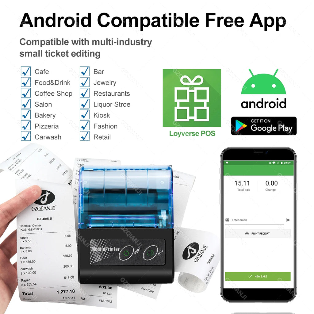 Mini Bluetooth Thermal Printer Wireless Protable 58mm Receipt Bill POS Printer Loyverse POS Free App on Android Small Business