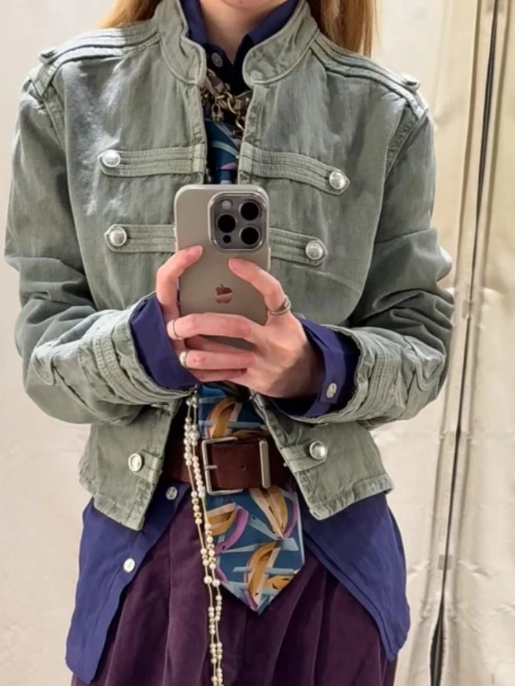 Mens Jacket Vintage Napoleon Collar Denim Coat Harajuku Unisex Loose Fit Button Detail Short Jacket Casual Streetwear Fashion