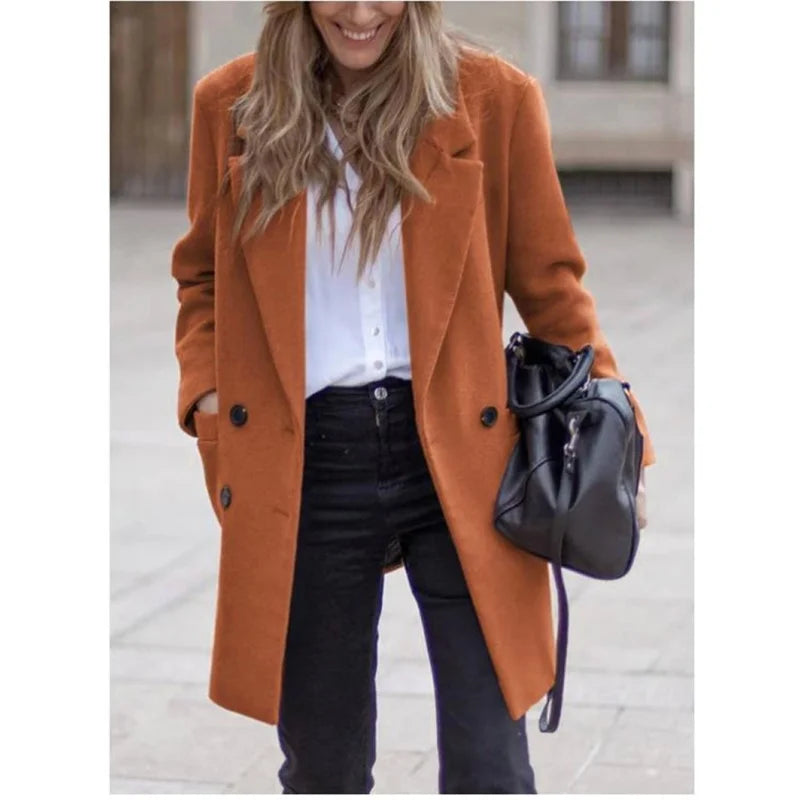 Wool Blends Winter Women's Jacket Lining Elegant Lapel Coat Double Breasted Minimalist Street Women's Jackets