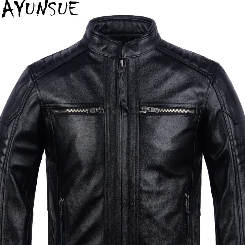 AYUNSUE Pure Cowhide Men Leather Jacket Fashion Stand Collar Short 100% Genuine Cow Leather Real Jacket Slim-fit Motorcycle Wear