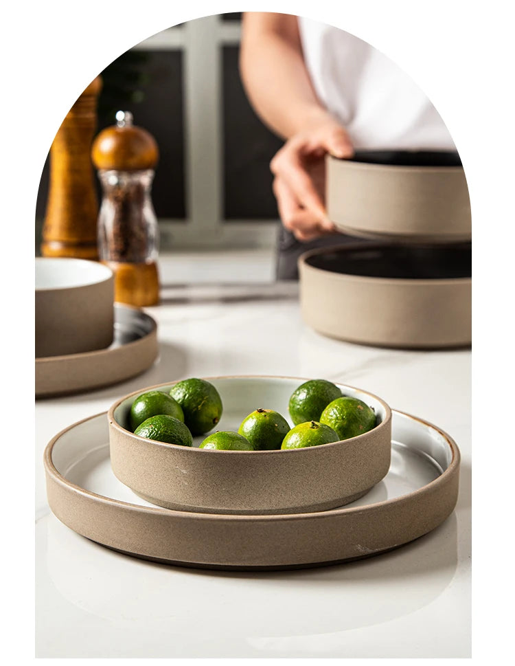 Retro Japanese Style Ceramic Bowl Set for Home Use round Shape Dinnerware Tray Dumpling Soup Noodle Bowl Matte Finish Utensils