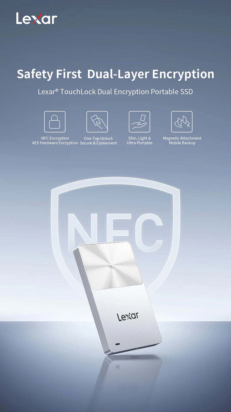 Lexar TouchLock Portable SSD Encryption Solid State Drive 512GB 1TB External Hard Drive USB 3.2 Type-C PSSD for iPhone 15 16 17