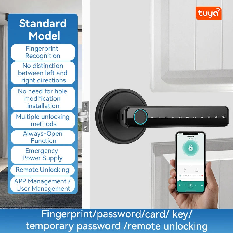 Tuya Bluetooth Smart Fingerprint Door Lock Electronic Lock With Password/Key/Card/APP Unlock Home Protection Smart Life Control