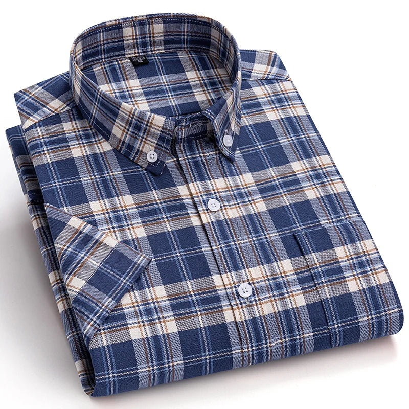 100% Cotton Men Oxford Shirt Short Sleeve Summer Plaid Striped Male Clothes Business Regular Fit Dress Shirt Oversized 7XL 6XL