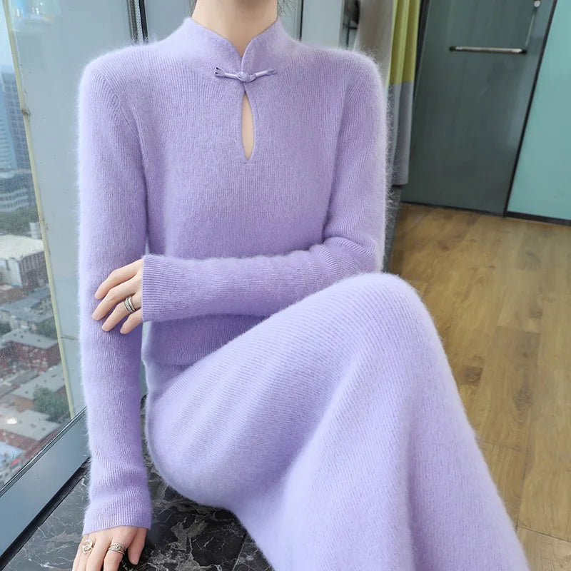 Women' 100%Pure Mink Cashmere Dress Stand-Up Collar Buckle Slim Knit Long Skirt Fashion High Waist Over The Knee Bottoming Dress