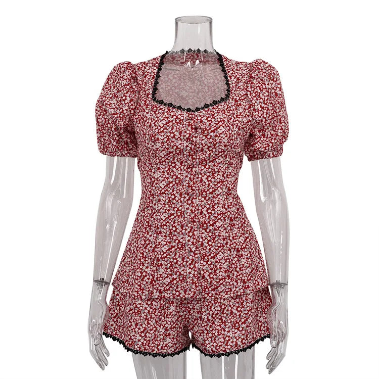 Sexy Slim Print 2 Piece Sets Women Outfit 2026 Summer Short Sleeve Shirt with High Waist Shorts Set Female Streetwear for Female