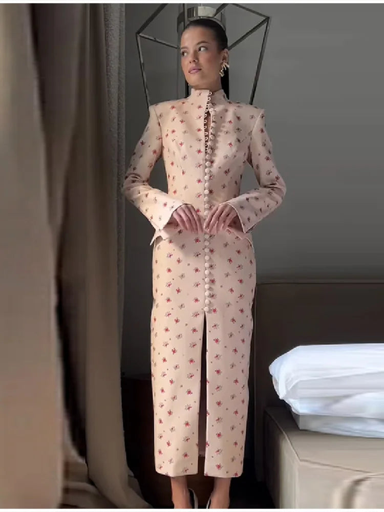 Trendy Floral Print High Neck Midi Dress For Women Chic Long Sleeve Button Front Sheath Dresses Office Party Commuting Clothes