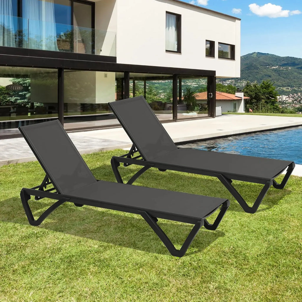 2 Pack Aluminum Outdoor Chaise Lounge,5 Position Adjustable Backrest&Wheels,All Weather Pool Patio, Custom