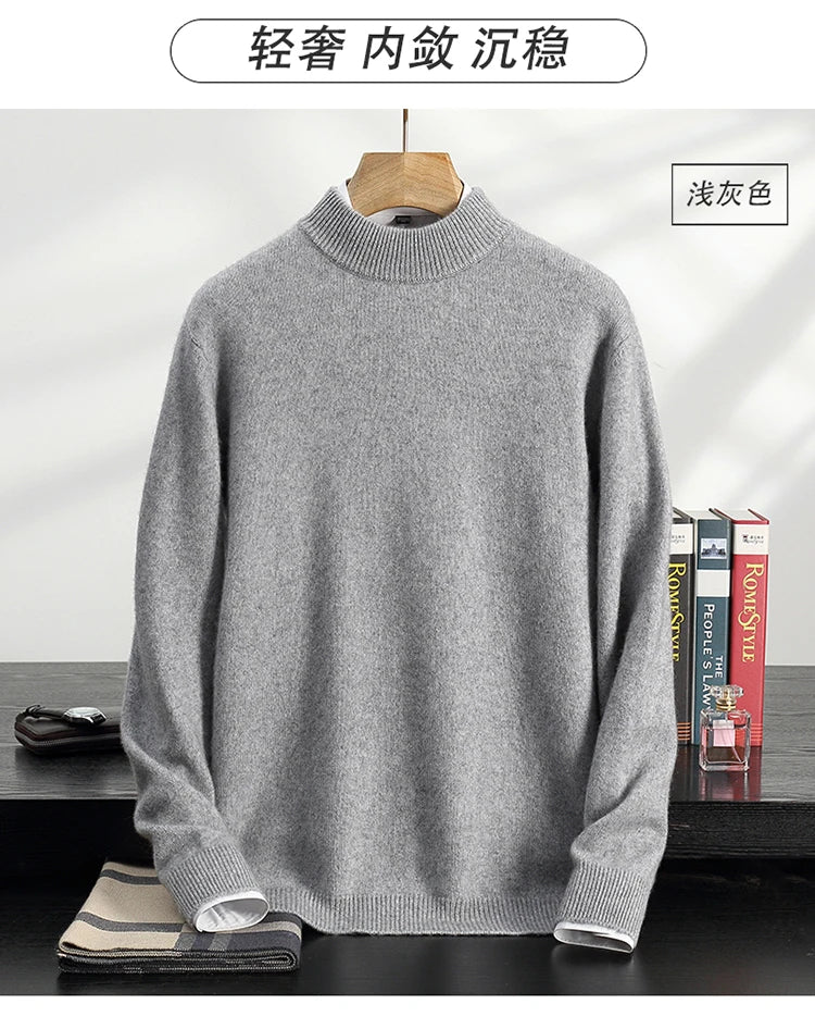 Autumn/Winter Men's 100% Cashmere Pullover Business Casual Solid Knitted Sweater Loose Half High Neck Tops Thick Warm Jumper