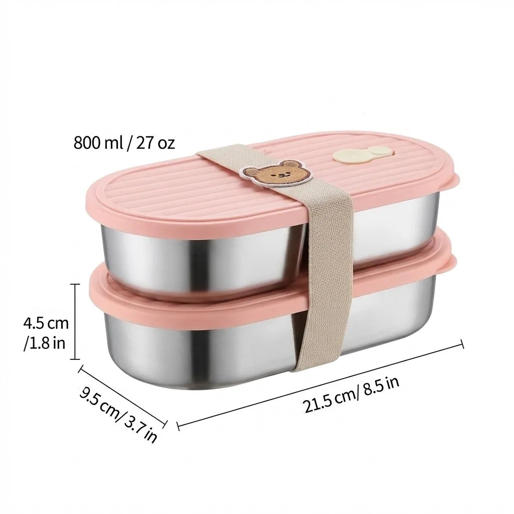 Microwaveable 304 Stainless Steel Bento Box Oval Divided Lunch Box 2 Grids Food Storage Container For Kids Students School