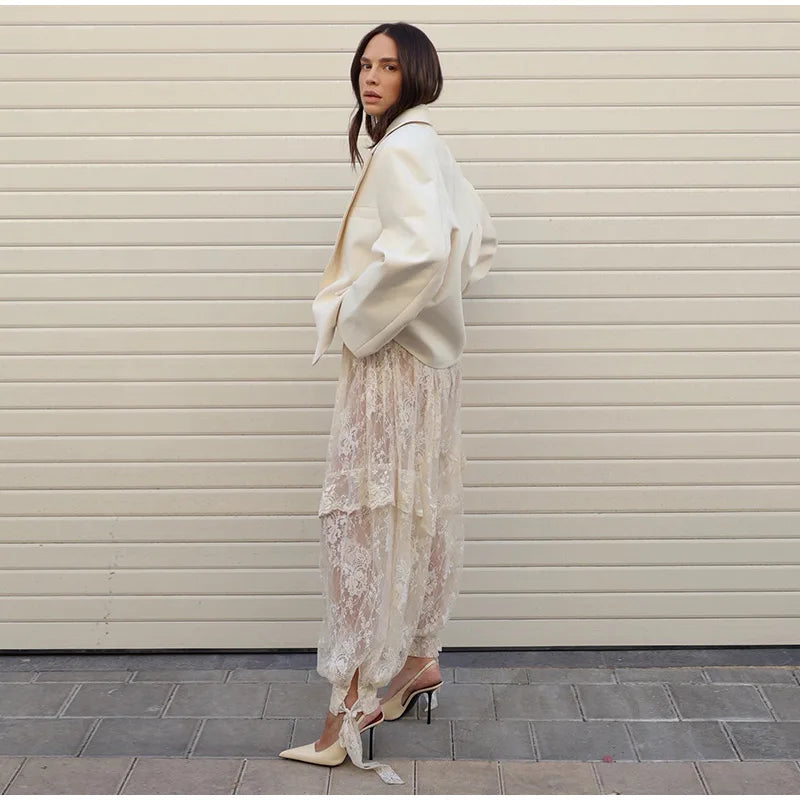 Sheer Floral Lace Tie Balloon Trousers High Waist 2026 Spring/Autumn Elegant Women Bottoms Fashion Chic Holiday Versatile Pants