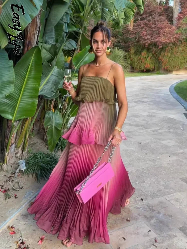 Chic Multicolored Pleated Women Maxi Dress Elegant Spaghetti Strap Ruffle Tiered Flowy Vestidos 2026 Summer Lady Vacation Outfit
