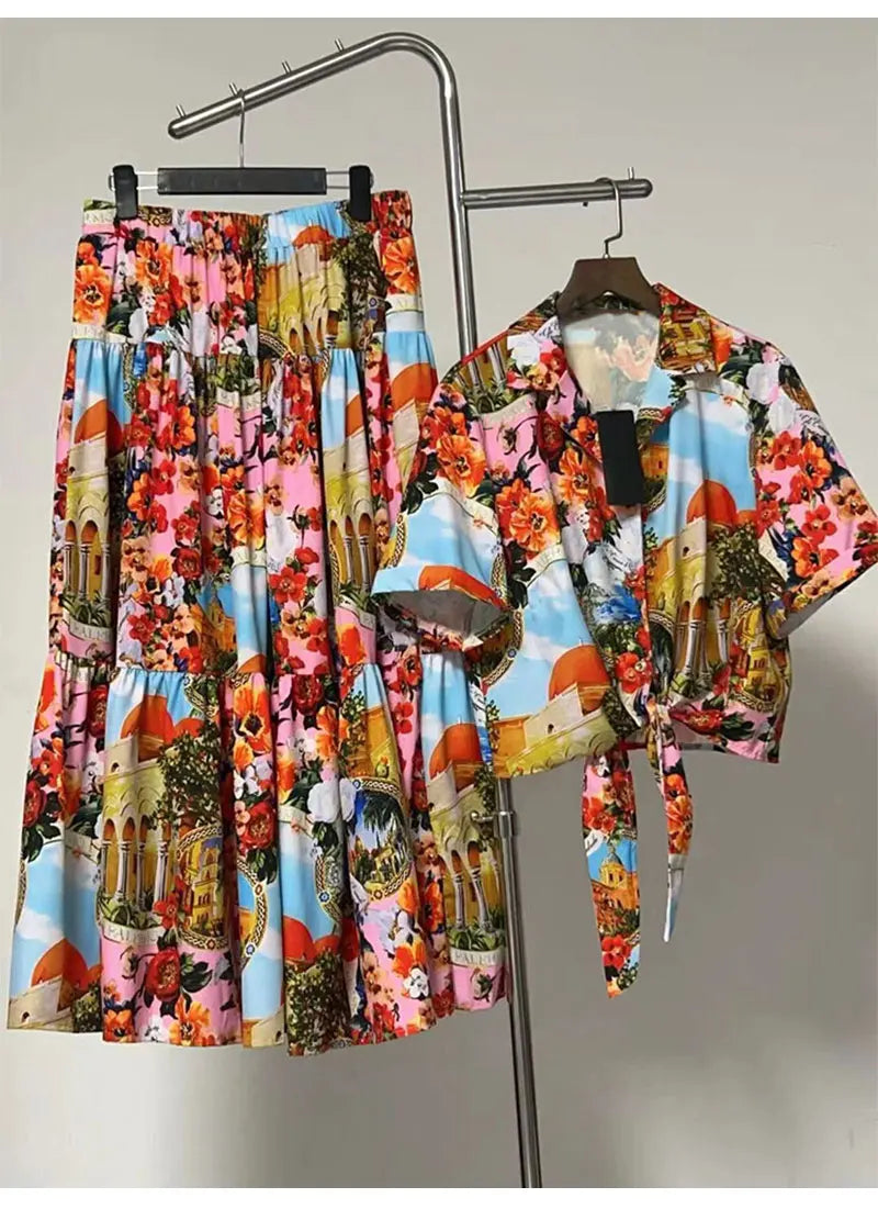 Retro Summer Women's New Two-Piece Lapel Single-Breasted Hem with Strapless Short Shirt + Elastic Waist A-Shaped Fashion Suit