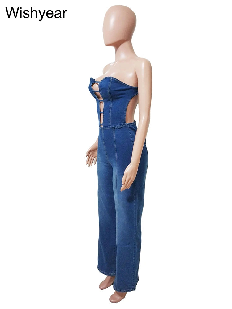 Sexy Off Shoulder Backless Denim Women's Jumpsuits High Waist Hollow Out Wide Leg Pants Jeans Bodysuit Summer Female Outwears