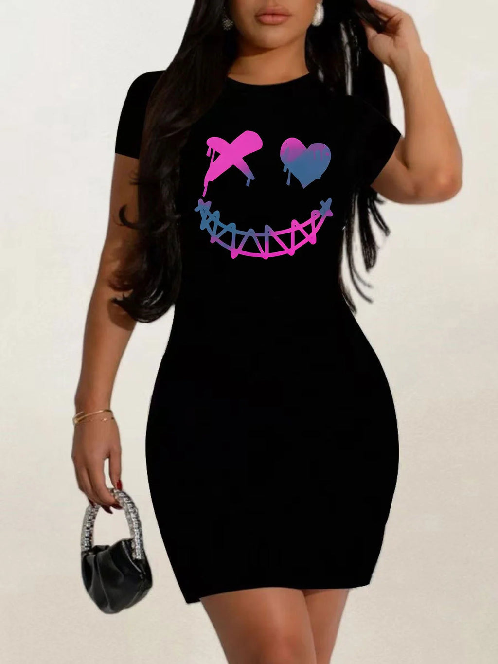 summer Short sleeves black tshirt dress Women's Casual  Graphic TShirt Dress  Short Sleeve Round Neck Loose Fit SpringSummer