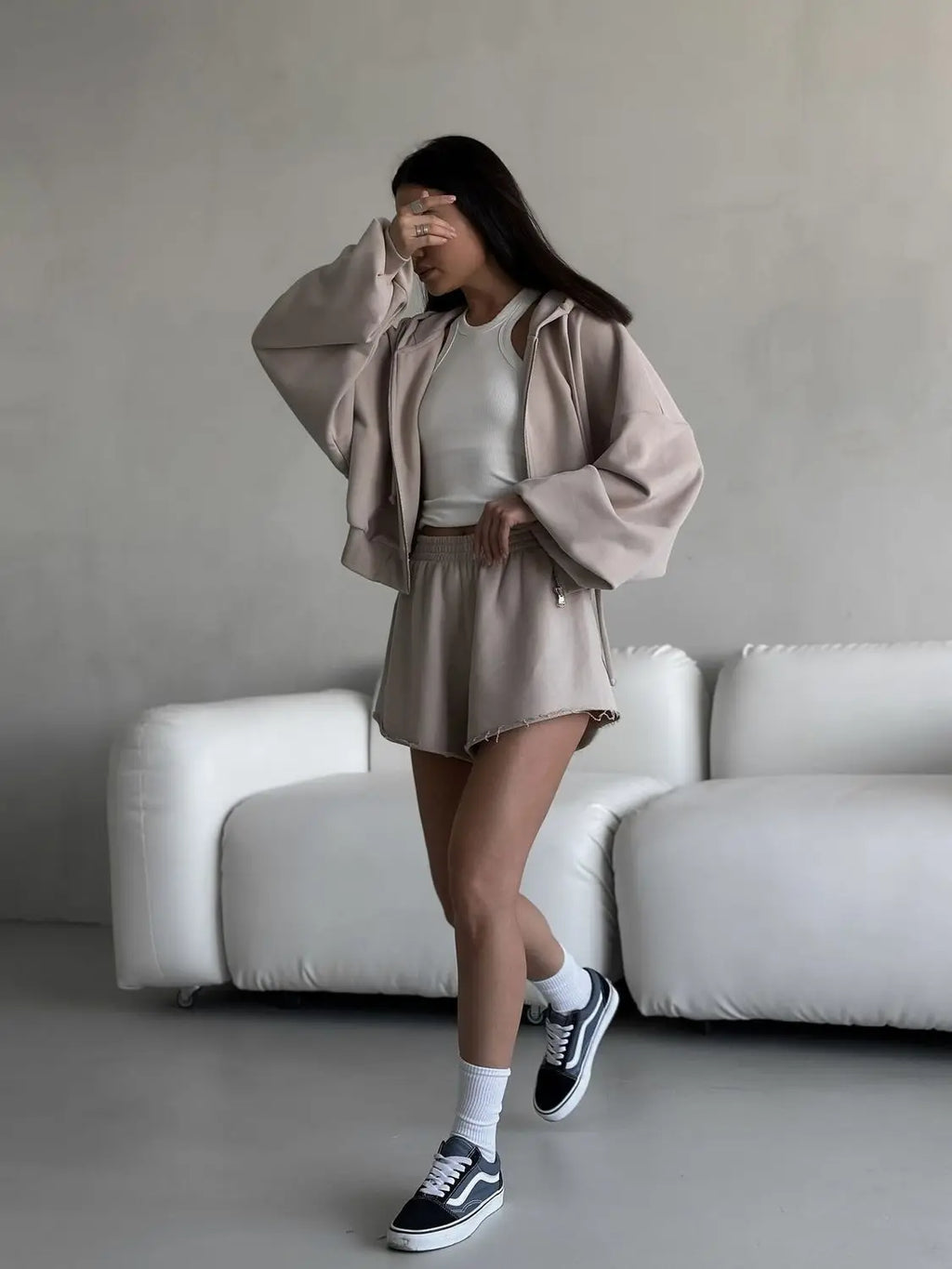 Women's Outfit Long-Sleeve Hooded Drawstring Sweatshirt Shorts Set Two-Piece Sets Sports Suit Sportswear Streetwear Trendy