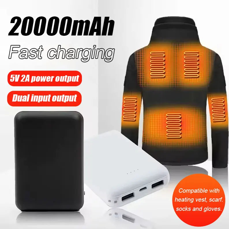 20000mAh Power Bank Portable USB Charger Fast Charging External Battery Pack Heating Vest Jacket Scarf Socks Glove Equipment New