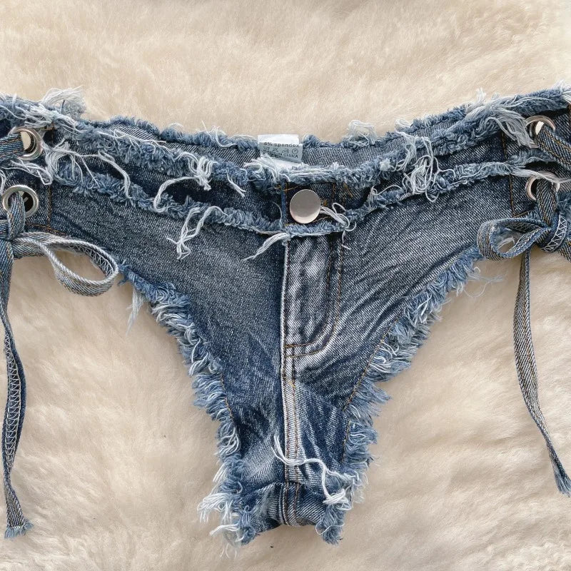 Retro Women Bikini Denim Suits Summer Halter Camis+ Mini Pant Lingerie Fashion Vacation Swimsuits Sexy Bra&Briefs Sets