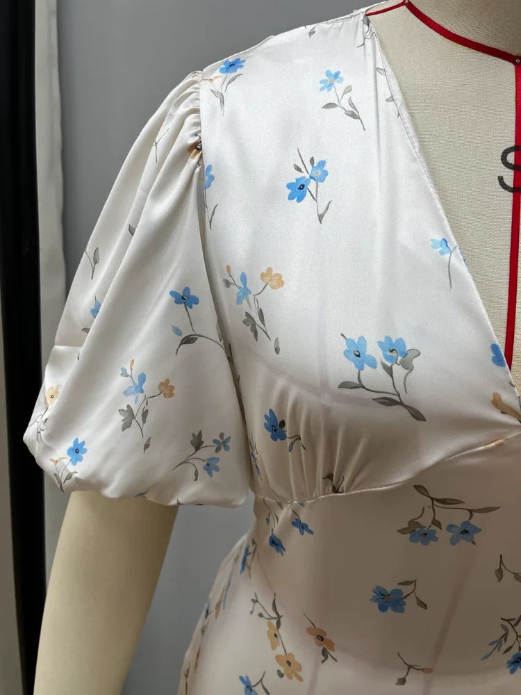 Printed Floral Print Elegant Long Dress For Women Short Sleeve V Neck Fashion Slim Dress Satin Commuting Banquet Female Dress