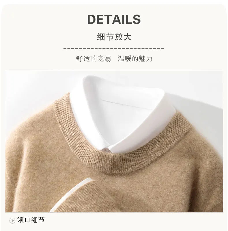 100% wool men's round neck solid color loose knit cashmere pullover for business and leisure, keeping warm in autumn and winter