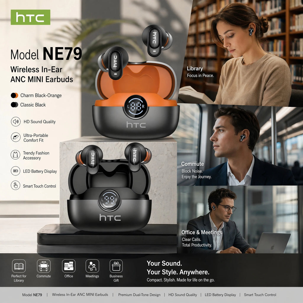 HTC NE79 Bluetooth Earphones Sports Gaming Long Battery Comfort Wireless Headphones Premium Sound Quality Soft In-ear Earbuds