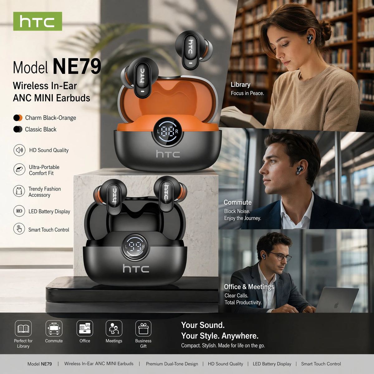 HTC NE79 Bluetooth Earphones Sports Gaming Long Battery Comfort Wireless Headphones Premium Sound Quality Soft In-ear Earbuds