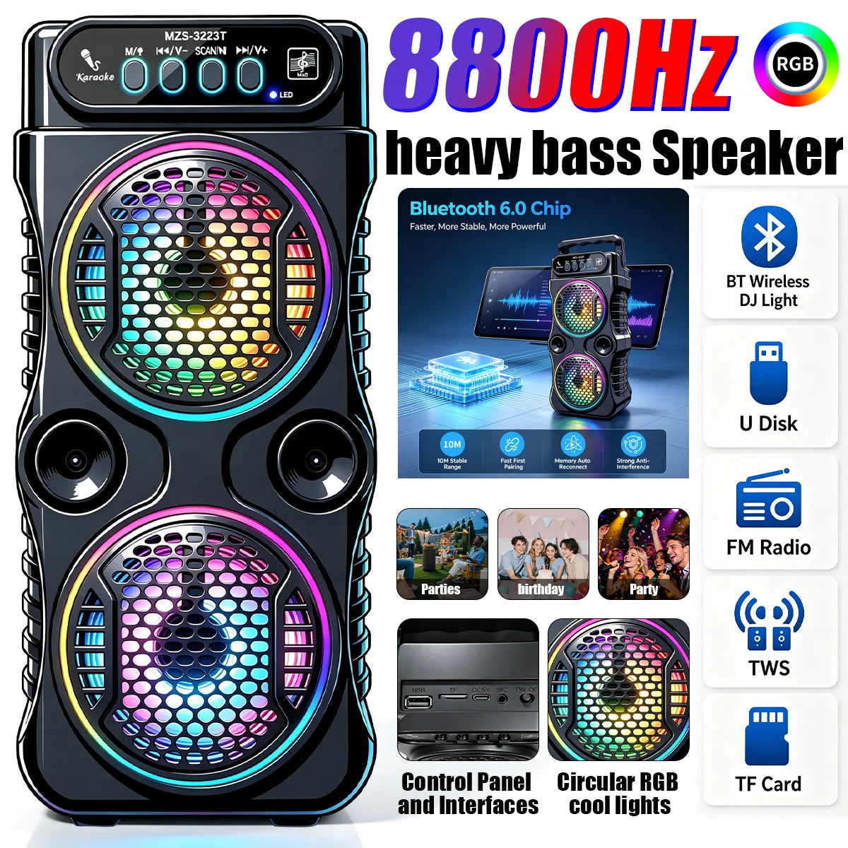 8800Hz Portable Bluetooth Speaker, Portable Heavy Bass Loud Speaker with RGB Colorful Lights & Microphone, Support USB TF