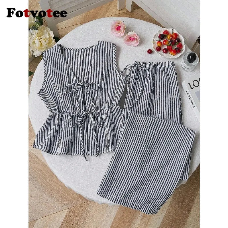FOTVOTEE 2 Piece Sets Womens Outfits Striped V Neck Lace Up Sleeveless Blouse High Waist Wide Leg Pants Suits Casual Tracksuits